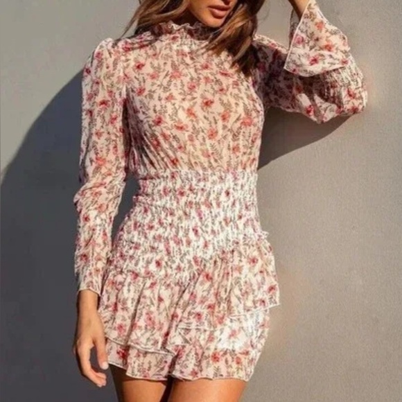 PRINCESS POLLY PINK FLORAL SMOCKED WAIST GUETTA MINI FORMAL PARTY DRESS WOMENS 6 - Picture 2 of 11